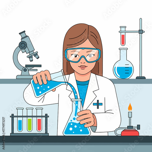 Young female scientist conducting experiment in laboratory with scientific equipment.