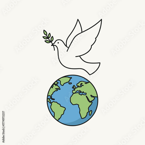 Dove carrying olive branch above planet Earth symbolizing peace and unity.