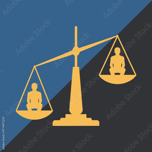 Balance scale with two meditating figures representing equilibrium and justice.