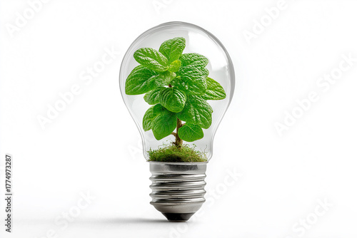 A vibrant green plant growing inside a glass light bulb on a white background. This image symbolizes eco-friendly concepts, sustainable energy, green technology, and environmental innovation.