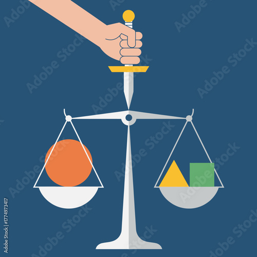 Balance Scale with Sword and Geometric Shapes.