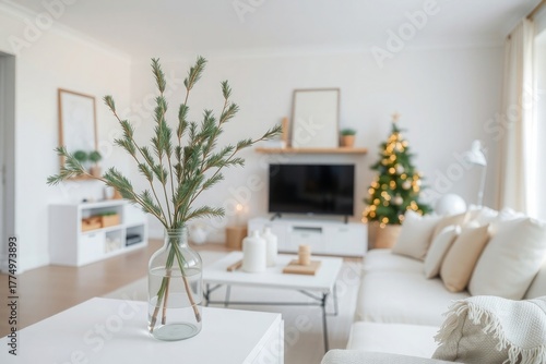 Stylish Christmas living room with decorated tree indoors