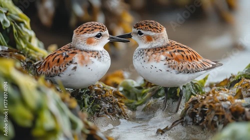 Beach birds interacting with coastal scene.