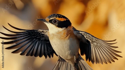 Bird in flight with desert background.