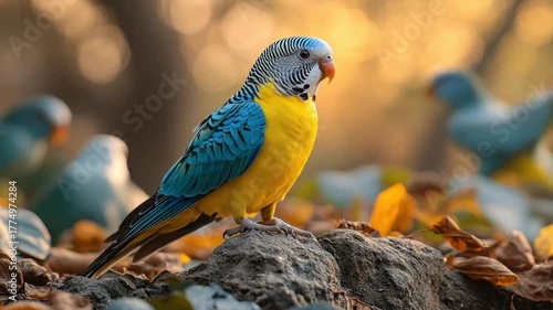Blue Yellow Parrot Autumn Park.