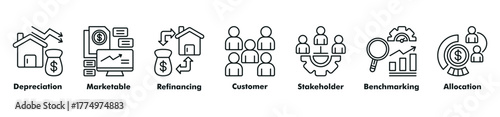 Business accounting icon set vector consist of depreciation, marketable, refinancing, customer, stakeholder, benchmarking, and allocation.