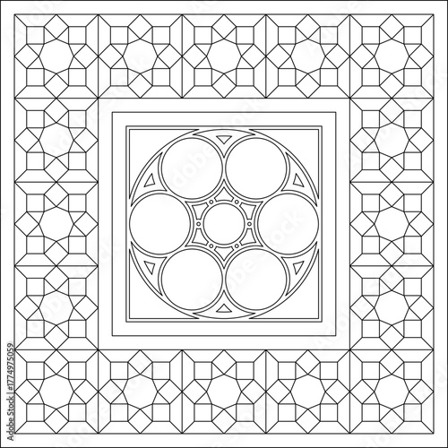 Geometric star pattern border with central rosette motif. Intricate line art vector for decorative frame or panel.