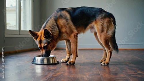 Deutscher Schäferhund frisst aus Napf auf Holzboden – Haustier im Zuhause
