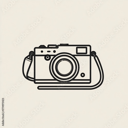 Retro Photography Camera Line Art Icon with Strap on Light Background