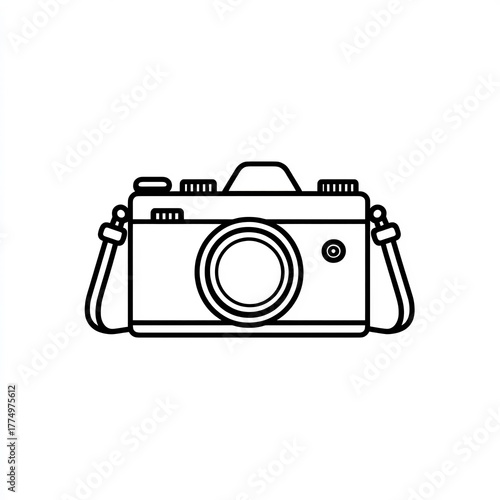 Line Art Vector Illustration of a Retro Film Camera with Strap