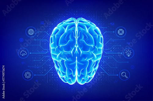 Brain. Futuristic digital brain. Concept of artificial intelligence, machine learning, neural network, data science, innovation technology. Circuit board connections pattern. Vector illustration.