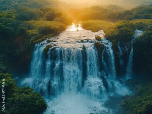 Majestic Waterfall Sunrise Aerial View.