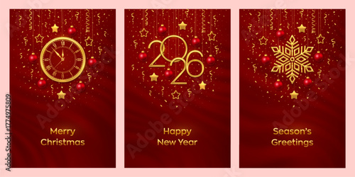 Christmas card set. Happy New Year 2026. Gold numbers 2026, snowflake, watch with Roman numeral and countdown midnight, eve for New Year. Hanging stars, baubles on red background. Vector illustration