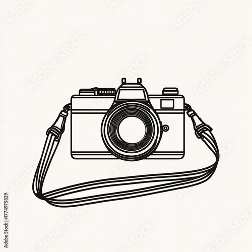 Black and White Line Art Illustration of a Vintage Film Camera with Strap