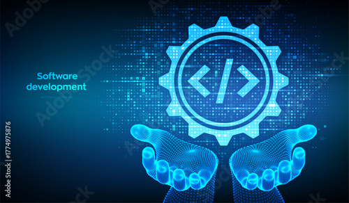 Software development icon made with binary code in wireframe hands. Devops. Agile development optimization. Software development practices methodology. Digital code background with digits 1, 0. Vector