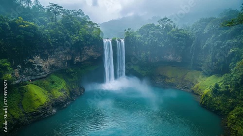 Majestic Waterfall with Lush Jungle.