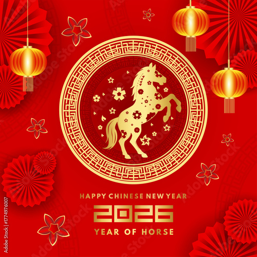 Happy Chinese New Year 2026 featuring the Horse zodiac sign, adorned with traditional Asian elements in red and gold paper-cut style.