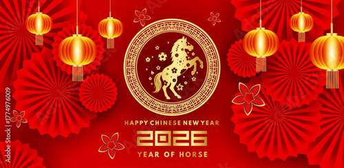 Happy Chinese New Year 2026 featuring the Horse zodiac sign, adorned with traditional Asian elements in red and gold paper-cut style.