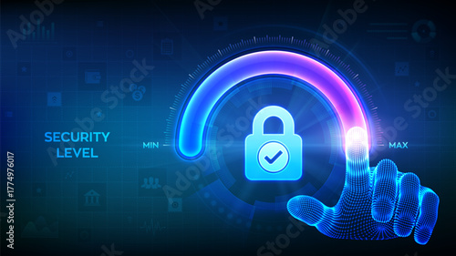 Increasing Security level. Cyber security concept. Network security. Wireframe hand is pulling up to the maximum position circle progress bar with the lock icon. Enhance data protection level. Vector.