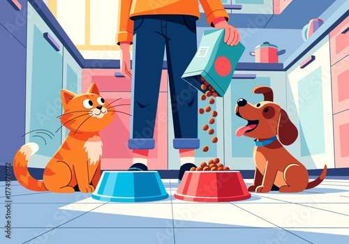 Feeding Time: Cartoon Cat and Dog with Food Bowls