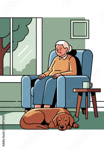 Elderly Woman with Dog Resting in Armchair, Illustration