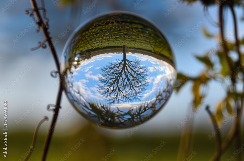Obraz premium A crystal sphere captures a miniature, inverted world: a tree with sprawling roots and lush green grass reflected against a bright blue sky. The scene is framed by delicate branches, creating a surrea