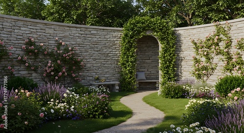 Tranquil Garden Archway with Stone Walls, Roses, and Lavender