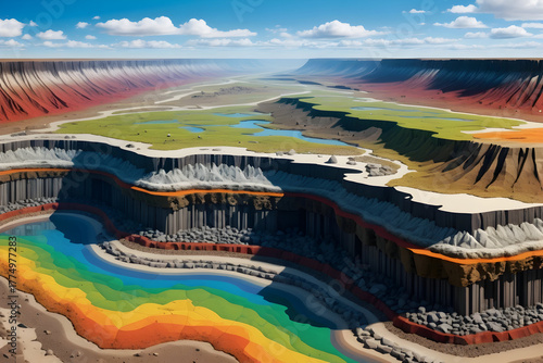 Layered canyon landscape shows carbon cycle in action with molecular insight, colorful strata, winding river, wide valley, clear sky, calm mood