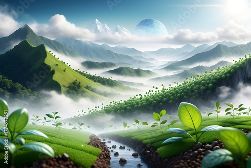 Lush green valley misty mountain young plant morning light clean water fertile soil fresh air blue sky serene mood flow across nature