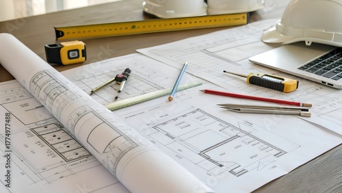 Detailed architectural blueprints and safety gear create a professional engineering atmosphere perfect for construction and design projects