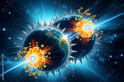 Cosmic energy burst planet collision carbon cycle molecular glow, twin earth sphere impact art with radiant flare and dramatic space light