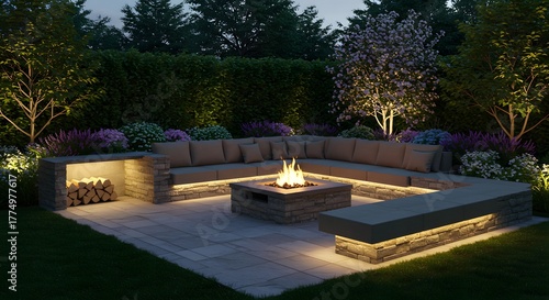 Modern Outdoor Living Space with Fire Pit and Built-in Seating at Dusk