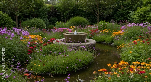 Lush Garden Oasis with Blooming Flowers and Water Feature