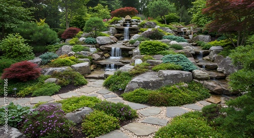 Serene Japanese Garden with Cascading Waterfall, Stone Path, and Lush Greenery
