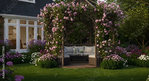 Beautiful Backyard Gazebo Covered in Pink Roses with Outdoor Seating