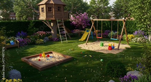 Idyllic Backyard Playground with Treehouse, Swings, Sandbox, and Flowers