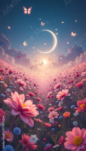 Dreamy pink wildflower meadow under a crescent moon with fluttering butterflies for whimsical designs and enchanting fairytale projects