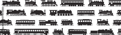 Vintage train and locomotive silhouette collection, old steam engines and railway carriages illustration, retro transportation vector design for travel, industry, and history concept
