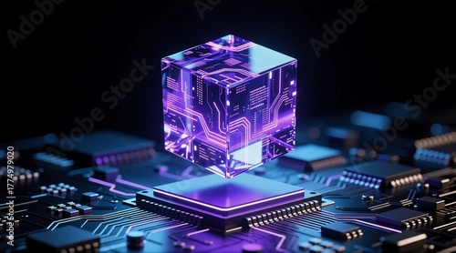 A glowing purple cube with circuitry patterns floats above a futuristic microchip, symbolizing advanced AI or quantum computing technology on a high-tech motherboard.