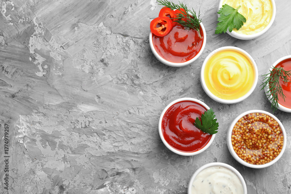 custom made wallpaper toronto digitalDifferent sauces in bowls and ingredients on grey textured table, flat lay. Space for text