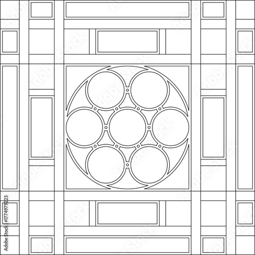 Architectural geometric panel vector with central rosetta. Clean line art for stained glass or abstract decor.