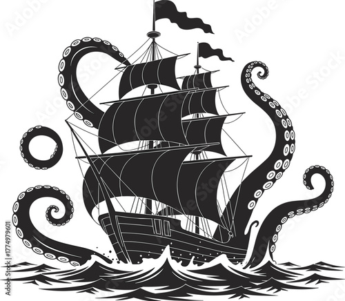 Vintage sailing ship attacked by giant octopus vector illustration, mythical sea monster kraken scene, ocean adventure, nautical fantasy artwork, marine legend concept