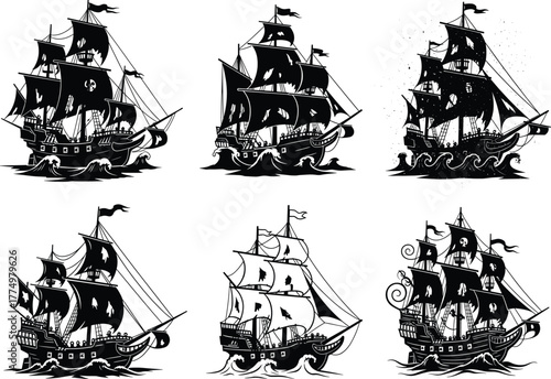 Vintage sailing ship vector set, black and white nautical illustrations, pirate and naval vessels, maritime sketch art, ocean wave design elements