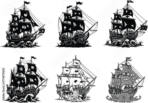 Vintage sailing ships vector illustration, antique nautical vessels, maritime history artwork, black and white ocean clipart, classic sea travel design