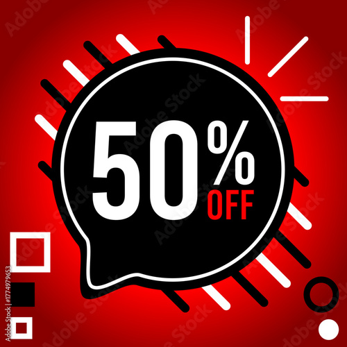 50% off fifty percent off, 50%off, black friday 50 % off, balloon numbers drawing black red white, red background.