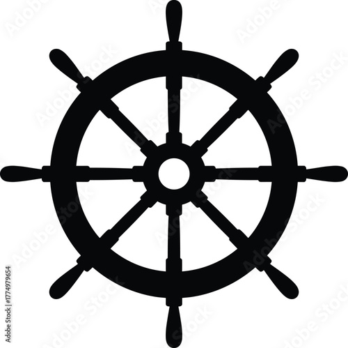 Vintage ship steering wheel silhouette vector illustration, nautical design element for marine, sailing, adventure, and navigation concept, maritime symbol in black
