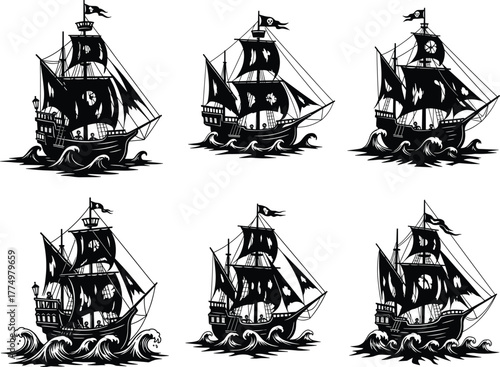Vintage sailing ships vector illustration, black and white nautical clipart, historic maritime vessels on ocean waves, retro sea travel artwork, engraving style
