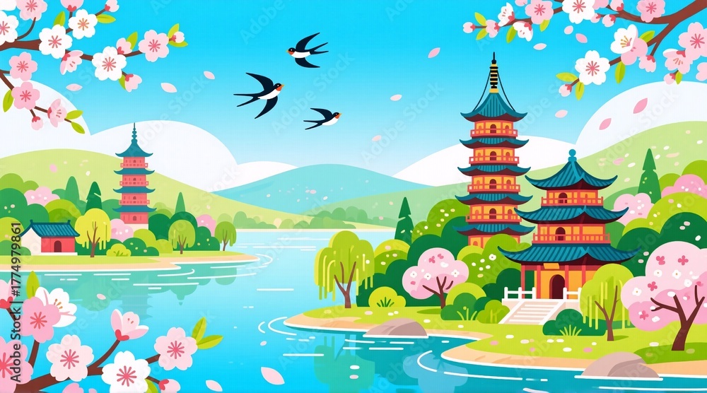 Fototapeta premium A serene Japanese landscape featuring cherry blossoms in full bloom, traditional pagodas and temples nestled among green hillsides by a calm lake. Swallows fly overhead under a clear blue sky, capturi
