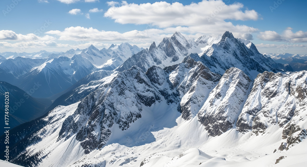 Naklejka premium Majestic Snow-Capped Mountain Range Under Azure Sky Landscape