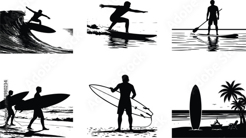 Surfing silhouette vector illustration of surfers riding waves, paddle boarding, walking with surfboards, relaxing on tropical beach, summer ocean lifestyle.